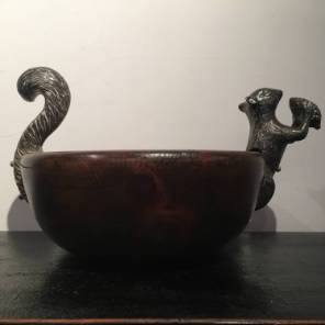 1920s French Large Wooden and Silver Metal Squirrel Bowl 